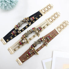 Boho Leather Wrap Apple Watch Band with Butterfly Charm | Vintage Beaded Studded Strap Bracelet