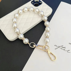 Universal Pearl Chain Crossbody Phone Lanyard | Elegant Acrylic Beaded Shoulder Strap &amp; Bracelet Set with Secure Case Insert Tab