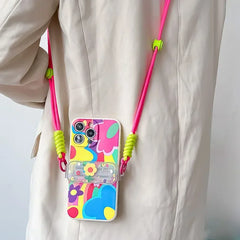 Cute Heart Case for iPhone with Card Holder | Flower Beaded Crossbody Lanyard & Wristband Stand Cover