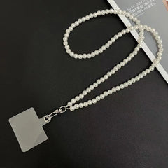 Universal Pearl Chain Crossbody Phone Lanyard | Elegant Acrylic Beaded Shoulder Strap &amp; Bracelet Set with Secure Case Insert Tab