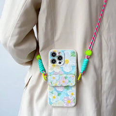 Cute Heart Case for iPhone with Card Holder | Flower Beaded Crossbody Lanyard & Wristband Stand Cover