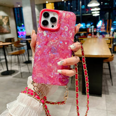 Shell Pattern Glitter Marble Hard Cover with Metal Chain Crossbody Lanyard For iPhone