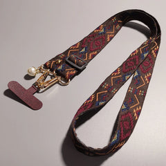 Universal Retro Style Crossbody Phone Lanyard | Wide Adjustable Vintage Geometric Fabric Strap | Neck Hanging Shoulder Sling with Secure Case Tab Insert