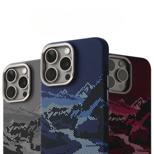 Luminous Landscape Kevlar Carbon Fiber Pattern MagSafe Case for iPhone | Alloy Camera Shield Phone Cover