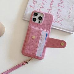 Premium Litchi Texture Leather Wallet Case for iPhone with Lanyard and Card Slots