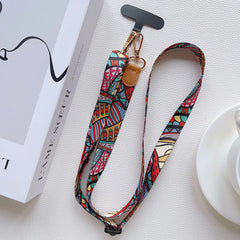 Universal Retro Pattern Phone Lanyard | Wide Adjustable Crossbody Shoulder Strap | Vintage Fabric Neck Sling Bag Chain with Secure Case Tab Insert