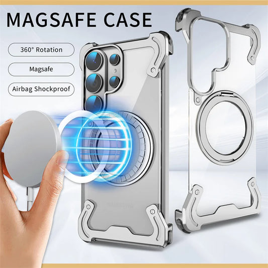 Aluminum Alloy MagSafe Case with 360° Rotating Stand | Transparent Metal Bumper Cover For Samsung Galaxy