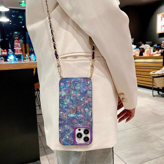Shell Pattern Glitter Marble Hard Cover with Metal Chain Crossbody Lanyard For iPhone