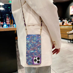 Shell Pattern Glitter Marble Hard Cover with Metal Chain Crossbody Lanyard For iPhone