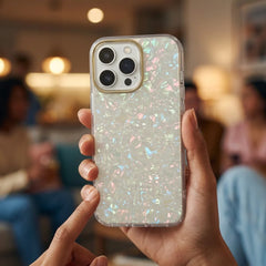 Glitter Shell Pattern Case with Gold Lens Frame | Iridescent Pearl Phone Cover For iPhone