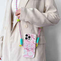 Cute Heart Case for iPhone with Card Holder | Flower Beaded Crossbody Lanyard & Wristband Stand Cover