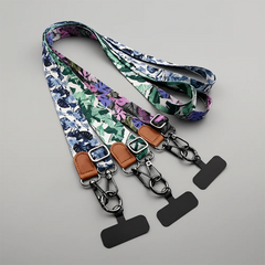 Universal Tropical Leaf Print Phone Lanyard | Adjustable Floral Fabric Crossbody Neck Strap with Premium Leather Accent and Secure Anti-Loss Case Tab