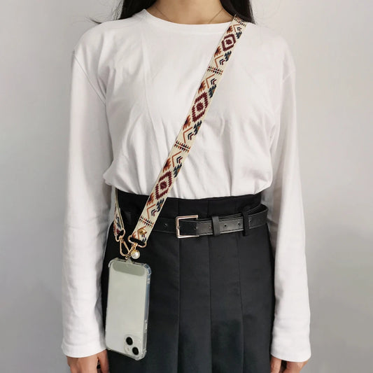 Universal Retro Style Crossbody Phone Lanyard | Wide Adjustable Vintage Geometric Fabric Strap | Neck Hanging Shoulder Sling with Secure Case Tab Insert