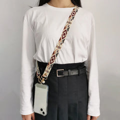 Universal Retro Style Crossbody Phone Lanyard | Wide Adjustable Vintage Geometric Fabric Strap | Neck Hanging Shoulder Sling with Secure Case Tab Insert