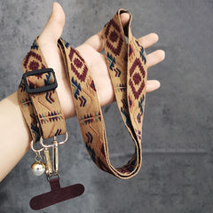 Universal Retro Style Crossbody Phone Lanyard | Wide Adjustable Vintage Geometric Fabric Strap | Neck Hanging Shoulder Sling with Secure Case Tab Insert