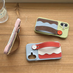 Tri-Color Spliced Leather Wallet Case for iPhone with Wrist Strap