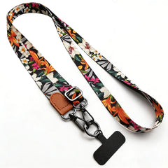 Universal Tropical Leaf Print Phone Lanyard | Adjustable Floral Fabric Crossbody Neck Strap with Premium Leather Accent and Secure Anti-Loss Case Tab