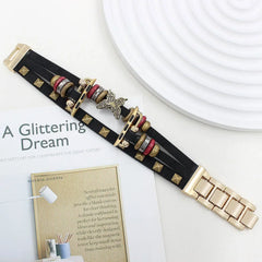 Boho Leather Wrap Apple Watch Band with Butterfly Charm | Vintage Beaded Studded Strap Bracelet