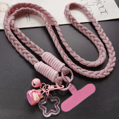 Universal Braided Crossbody Phone Lanyard Strap | Adjustable Hanging Neck Rope with Cute Cartoon Pendant Charm and Secure Case Tab Insert