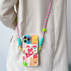 Cute Heart Case for iPhone with Card Holder | Flower Beaded Crossbody Lanyard & Wristband Stand Cover
