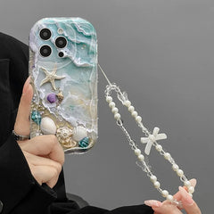 Beach Seashell Starfish Pattern Phone Case For iPhone With Lanyard