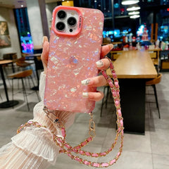 Shell Pattern Glitter Marble Hard Cover with Metal Chain Crossbody Lanyard For iPhone