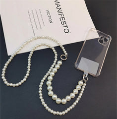 Universal Pearl Chain Crossbody Phone Lanyard | Elegant Acrylic Beaded Shoulder Strap &amp; Bracelet Set with Secure Case Insert Tab