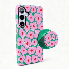 Pink and Green Flower Case with Matching Grip For Samsung Galaxy | Groovy Floral PC TPU Cover