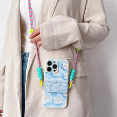 Cute Heart Case for iPhone with Card Holder | Flower Beaded Crossbody Lanyard & Wristband Stand Cover