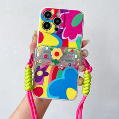 Cute Heart Case for iPhone with Card Holder | Flower Beaded Crossbody Lanyard & Wristband Stand Cover