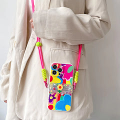 Cute Heart Case for iPhone with Card Holder | Flower Beaded Crossbody Lanyard & Wristband Stand Cover