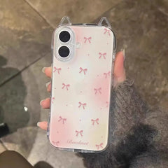 Dyeing Powder Bow Phone Case For iPhone with Cat Ears | Transparent Cover