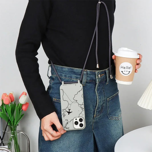 World Map Travel Case with Crossbody Lanyard Strap For iPhone
