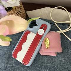 Tri-Color Spliced Leather Wallet Case for iPhone with Wrist Strap