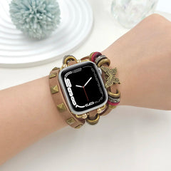 Boho Leather Wrap Apple Watch Band with Butterfly Charm | Vintage Beaded Studded Strap Bracelet