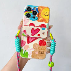 Cute Heart Case for iPhone with Card Holder | Flower Beaded Crossbody Lanyard & Wristband Stand Cover