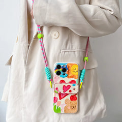 Cute Heart Case for iPhone with Card Holder | Flower Beaded Crossbody Lanyard & Wristband Stand Cover