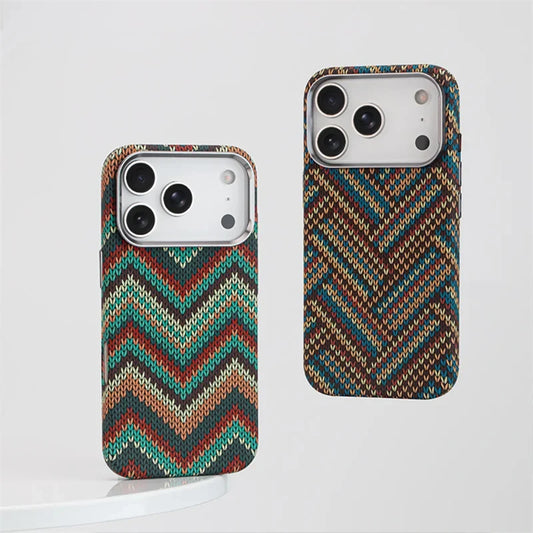 Southwestern Tribal Woven Case for iPhone | Carbon Fiber Texture MagSafe Cover with Alloy Lens Protection