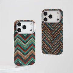 Southwestern Tribal Woven Case for iPhone | Carbon Fiber Texture MagSafe Cover with Alloy Lens Protection