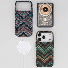 Southwestern Tribal Woven Case for iPhone | Carbon Fiber Texture MagSafe Cover with Alloy Lens Protection