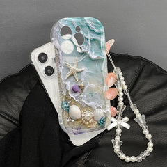 Beach Seashell Starfish Pattern Phone Case For iPhone With Lanyard