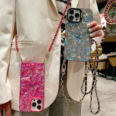 Shell Pattern Glitter Marble Hard Cover with Metal Chain Crossbody Lanyard For iPhone
