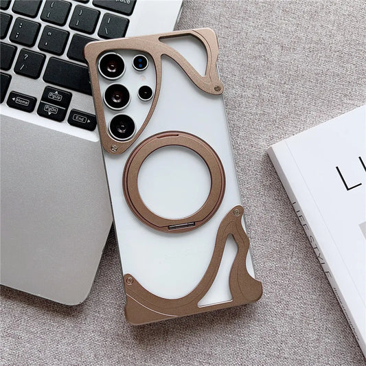 Minimalist Aluminum Metal Bumper MagSafe Case For Samsung Galaxy | 360° Ring Stand Clear Phone Cover