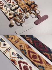 Universal Retro Style Crossbody Phone Lanyard | Wide Adjustable Vintage Geometric Fabric Strap | Neck Hanging Shoulder Sling with Secure Case Tab Insert