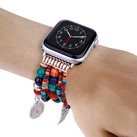 Boho Colorful Beaded Bracelet Band with Silver Charms  For Apple Watch | Jewelry Strap
