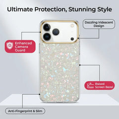 Glitter Shell Pattern Case with Gold Lens Frame | Iridescent Pearl Phone Cover For iPhone