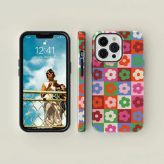 Cute Flower Checkered Magnetic Phone Case for iPhone | Shockproof Acrylic TPU Two-in-One Cover