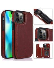 Leather Wallet Case for iPhone with Double Button Card Slot and Kickstand