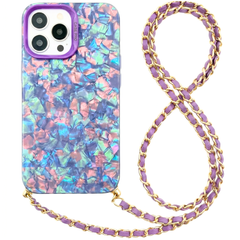 Shell Pattern Glitter Marble Hard Cover with Metal Chain Crossbody Lanyard For iPhone