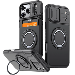 Shockproof Armor Case for iPhone with Slide Camera Cover and Card Holder Hidden Slot | 360 Ring Stand Heavy Duty Protective Cover